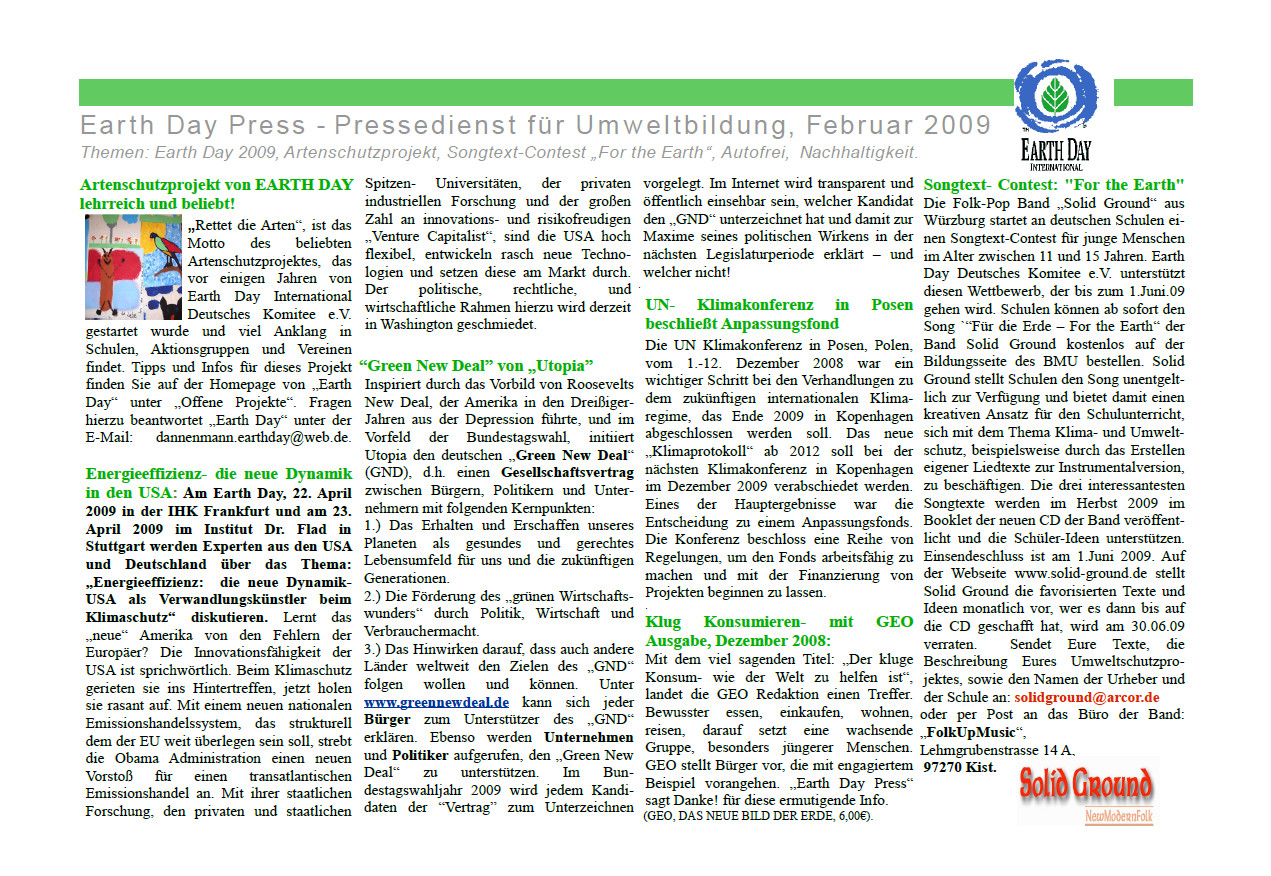 Earth Day Press Newsletter 02/2009