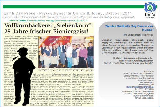 Earth Day Pionier im Oktober 2011: Siebenkorn Bäckerei, Marburg