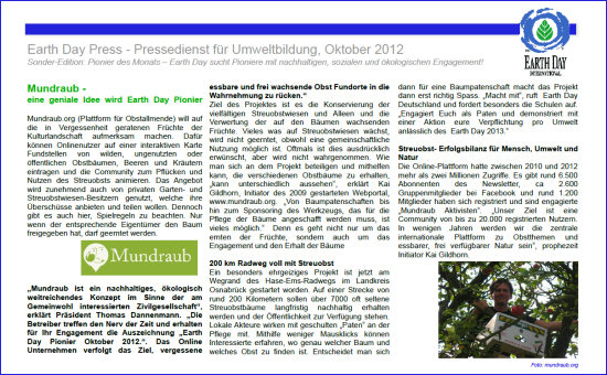 Earth Day Pionier im Oktober 2012: Mundraub.org, die Plattform für Obstallmende