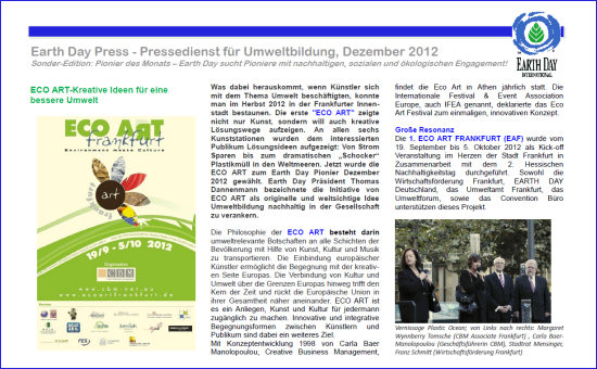 Earth Day Pionier im Dezember 2012: ECO ART - Kreative Ideen für eine bessere Umwelt