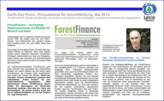 Earth Day Pionier im Mai 2013: ForestFinance - nachhaltige Waldinvestments mit Rendite für Mensch und Natur