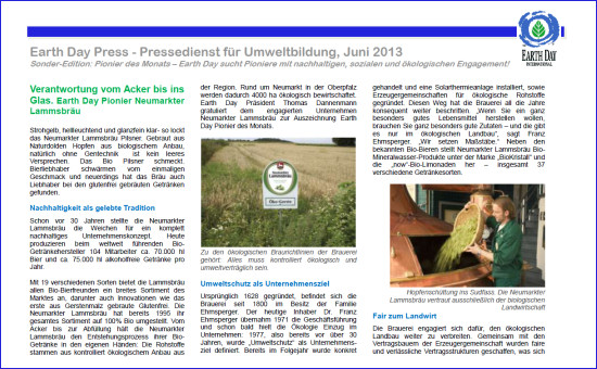 Earth Day Pionier im Juni 2013: Neumarkter Lammsbräu: Verantwortung vom Acker bis ins Glas